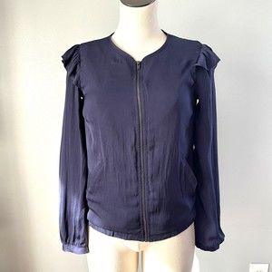 Lauren Conrad Full Zip Jacket Size 2 Zipfront Navy Blue Silky Ruffle Preppy